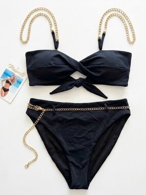 🤩 2/$20 SALE - Mapale Black Bikini with Gold Chain Straps and Belt Size S/M NEW